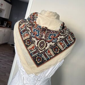 VTG Boho Paisley Border Scarf Cream Brown Blue Ultra Soft 28”